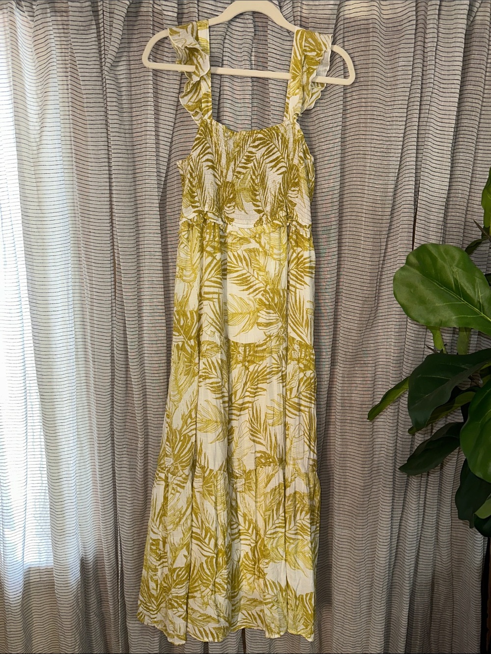 Yellow Palm-Print Maxi Dress with Ruffle Straps